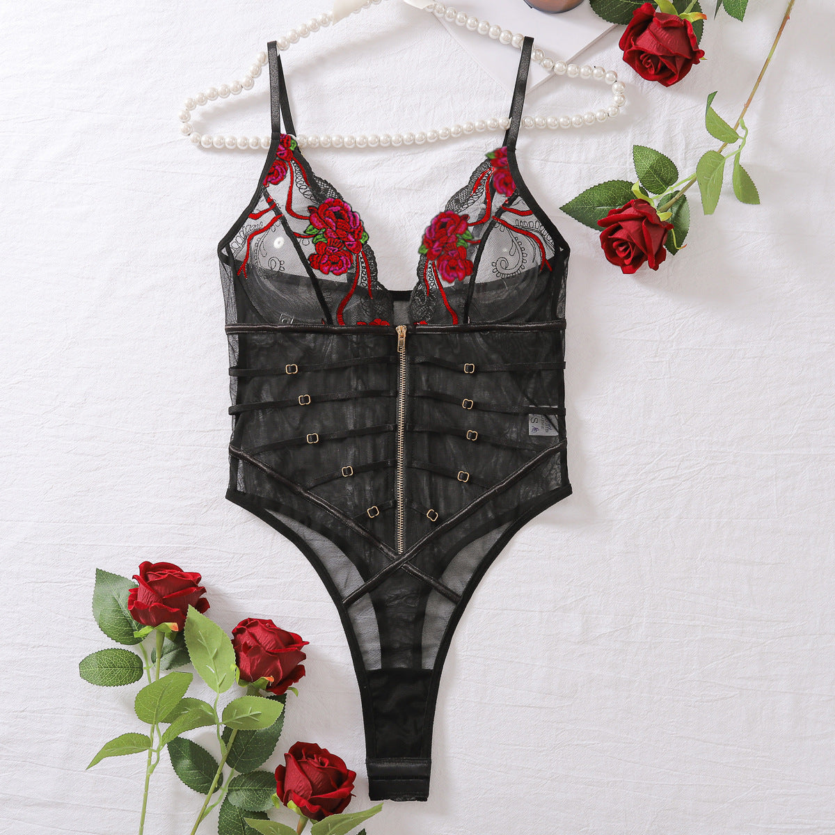 Image of Amazon 2024 fashion European and American hot sexy lace mesh transparent V-neck temptation sex suspender bodysuit - S